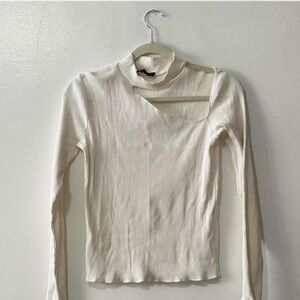 White Ribbed Cutout Turtleneck Top